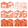 Eight panels from the Petit Collage Coloring Book with Stickers: Pets feature white and orange pet line drawings on top and two colorful, detailed illustrations of pets and items on the bottom.