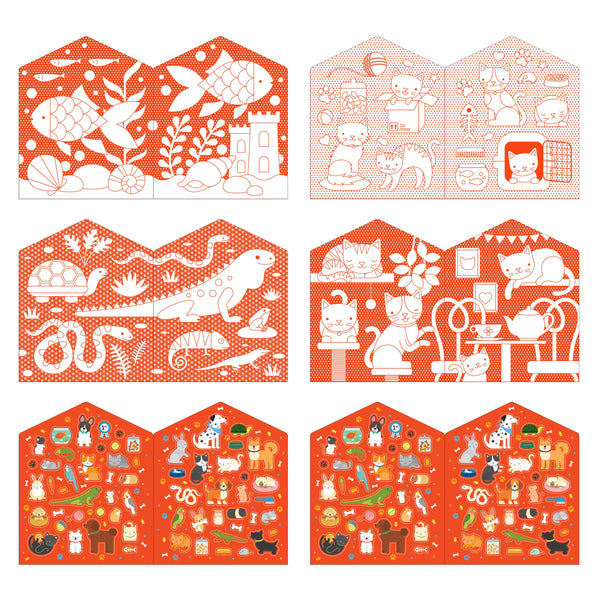 Eight panels from the Petit Collage Coloring Book with Stickers: Pets feature white and orange pet line drawings on top and two colorful, detailed illustrations of pets and items on the bottom.