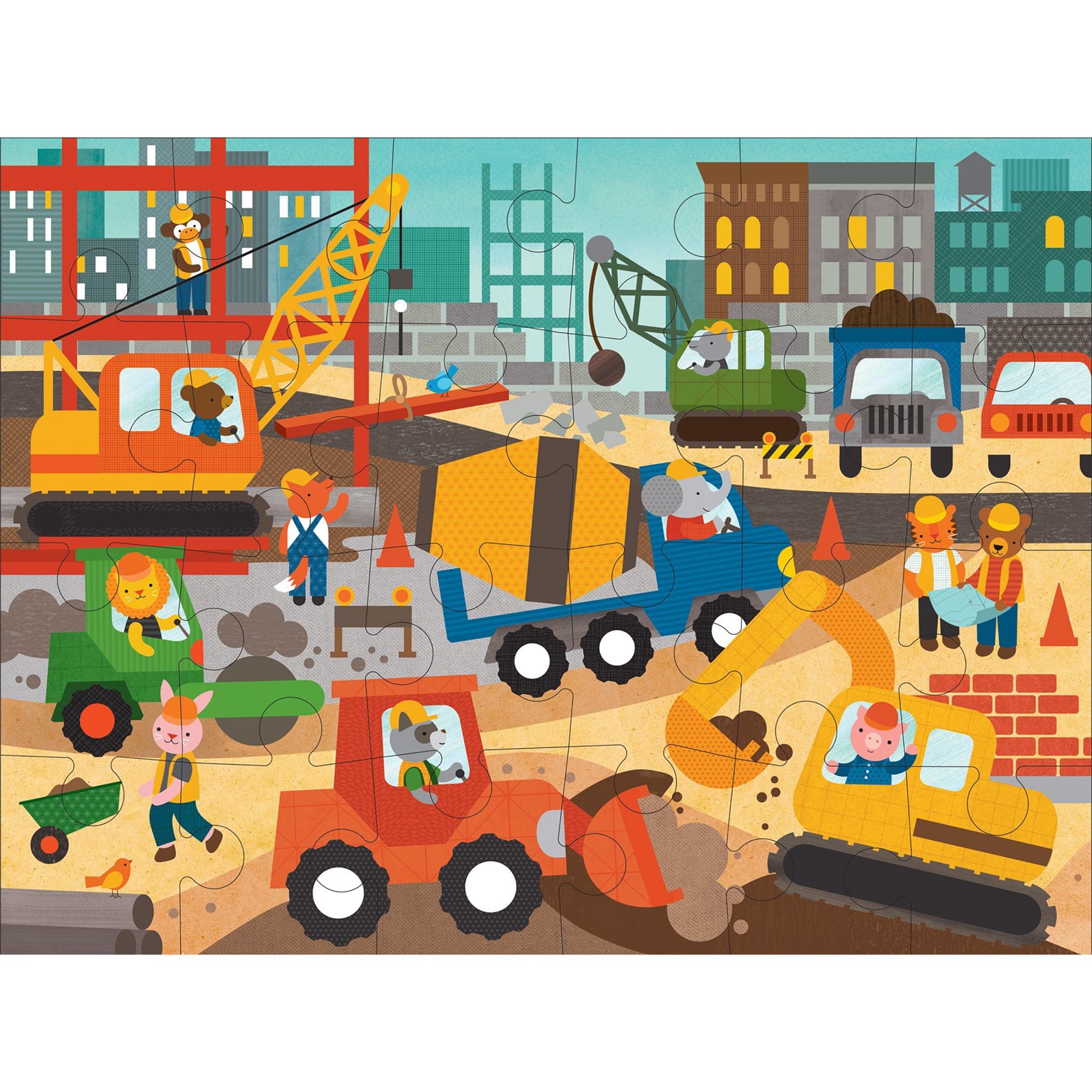 The Petit Collage Construction Site 24-Piece Floor Puzzle features animals operating construction vehicles and equipment on a busy site with buildings and cranes in the background.