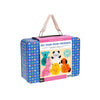 The Petit Collage Creature Crafts: My Pom-Pom Friends kit is a blue and pink suitcase with animal pom-pom images and a beige handle, designed for kids ages 6+.