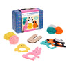 Petit Collage’s Creature Crafts: My Pom-Pom Friends kit includes yarn, felt animal frames, a wooden bunny tool, and a blue carrying case for creating adorable pom-pom animals.