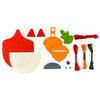 A flat lay of the DIY Woodland Fox Felt Bag craft kit by Petit Collage, featuring colorful felt pieces, embroidery floss, string, buttons, and other materials for a creative project.