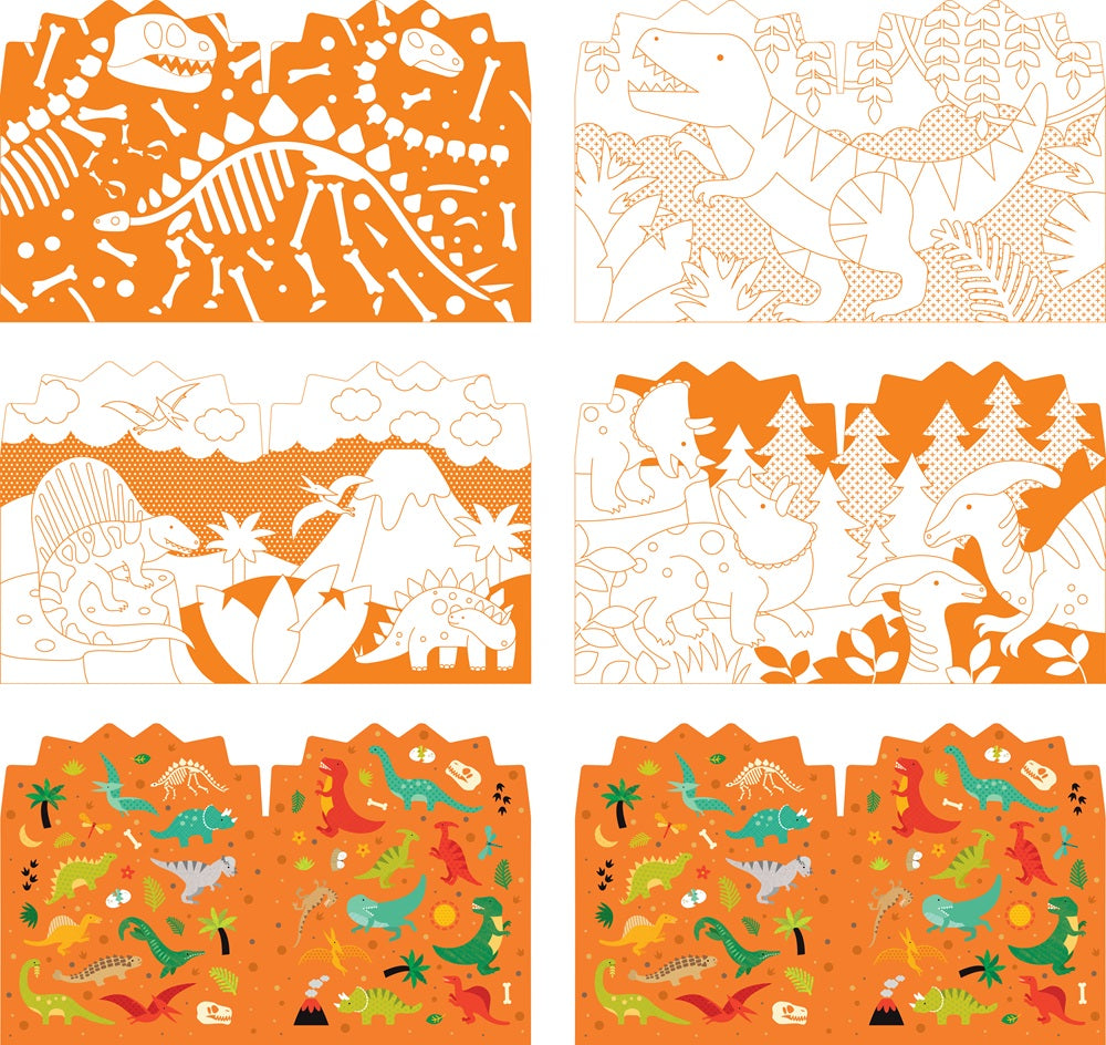 The Petit Collage Coloring Book With Stickers: Dinosaurs includes six panels with dinosaur skeletons, outlines, and vibrant dinosaurs in prehistoric scenes with plants, volcanoes, and trees on an orange background.