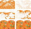The Petit Collage Coloring Book With Stickers: Dinosaurs includes six panels with dinosaur skeletons, outlines, and vibrant dinosaurs in prehistoric scenes with plants, volcanoes, and trees on an orange background.