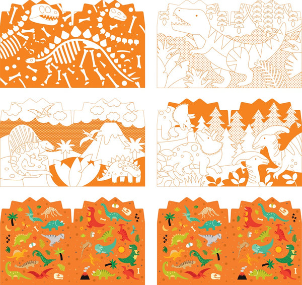 The Petit Collage Coloring Book With Stickers: Dinosaurs includes six panels with dinosaur skeletons, outlines, and vibrant dinosaurs in prehistoric scenes with plants, volcanoes, and trees on an orange background.