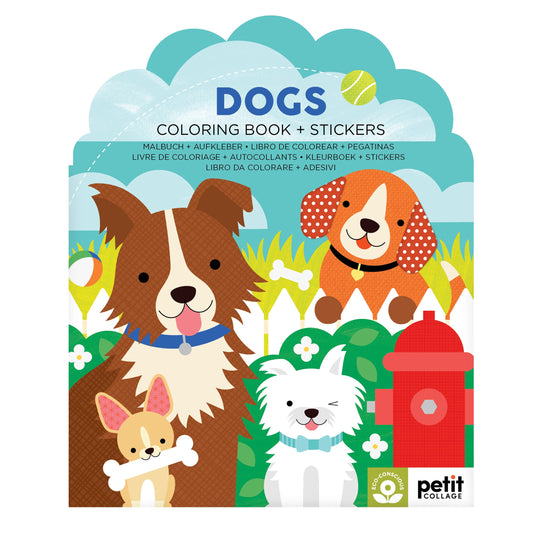 The Dogs Coloring Book + Stickers by Petit Collage features an illustrated cover with four cartoon dogs, a fire hydrant, a ball, and bones.