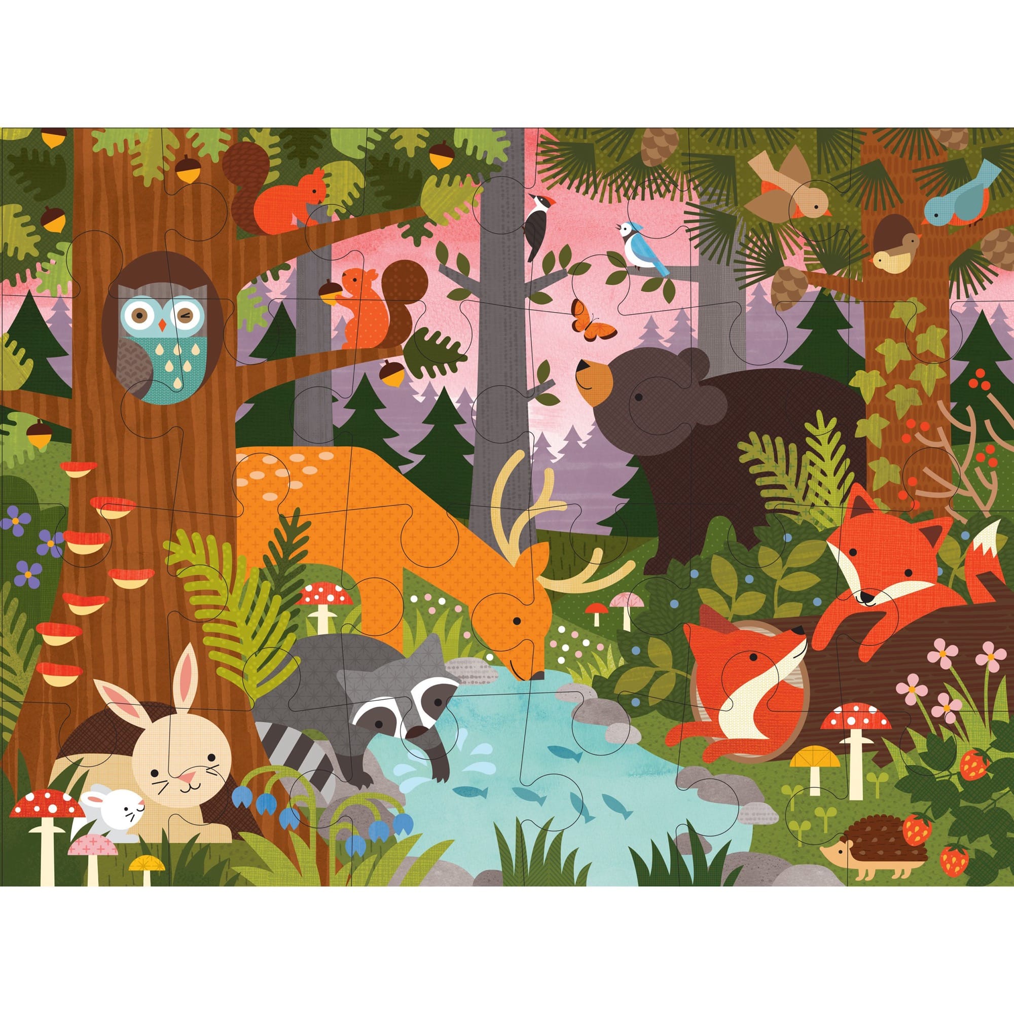 The Petit Collage Enchanted Woodland 24-Piece Floor Puzzle features a vibrant forest scene with animals like a deer, foxes, raccoon, rabbit, bear, owl, and birds among trees, mushrooms, and a small pond.