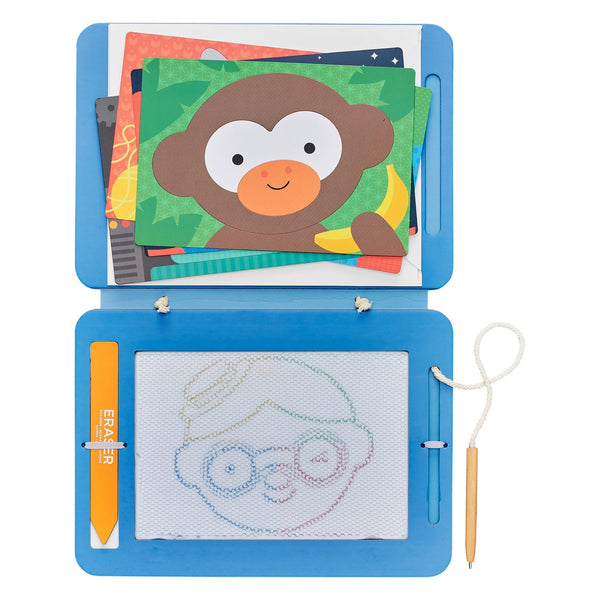 The Petit Collage Funny Faces Magic Sketch Board is a blue drawing tablet set with a magnetic pen, eraser, and monkey-themed stencil cards. The board displays a sketched face and includes other fun designs.