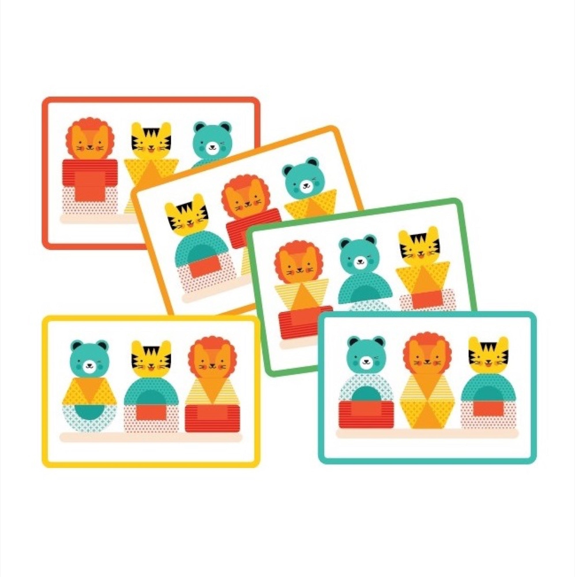 The Petit Collage Lion, Tiger, and Bear Wooden Stacking Puzzle features four illustrated cards with colorful outlines of a lion, tiger, bear, and their combinations on a white background.