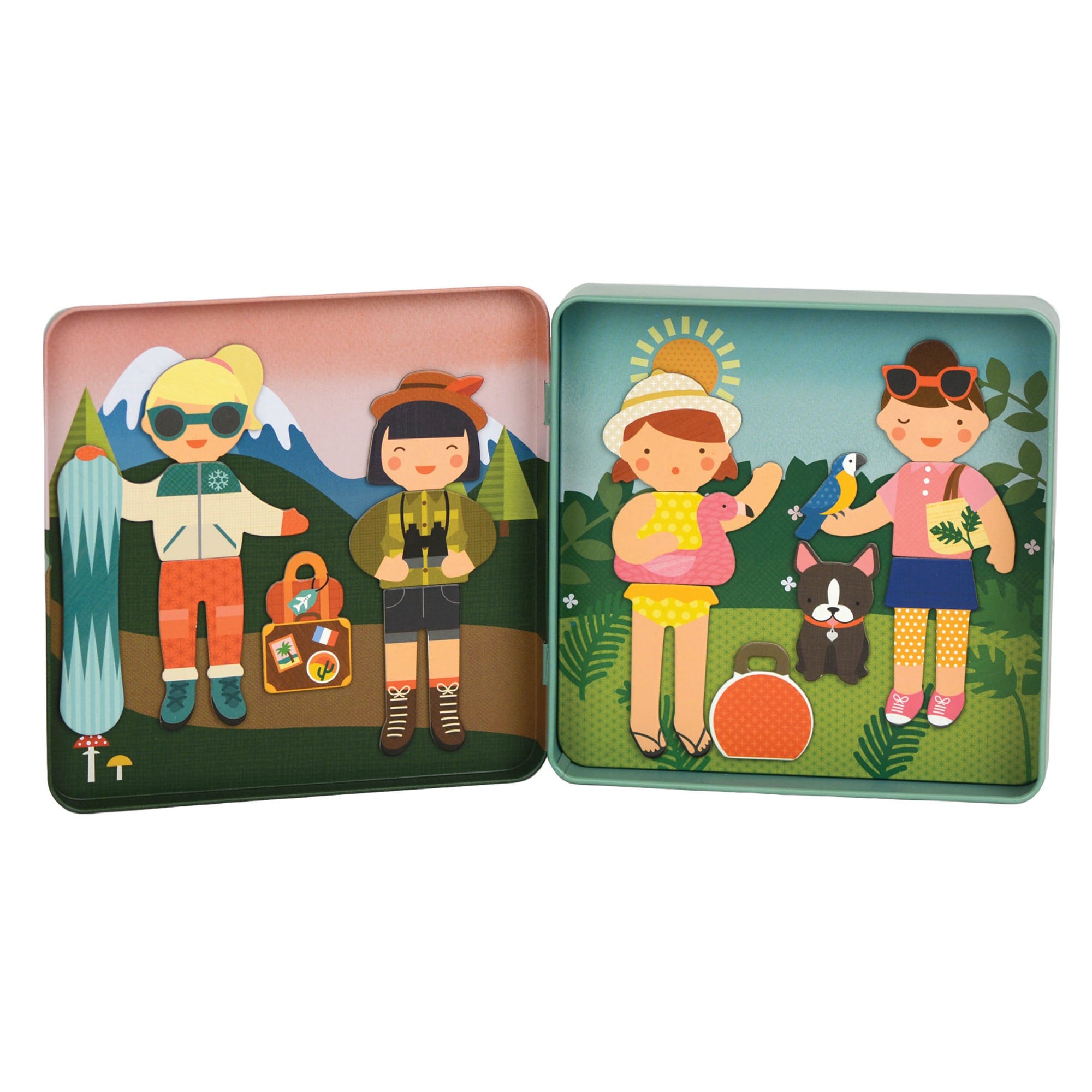 The Petit Collage Little Travelers Magnetic Play Set features two illustrated square trays: one with children camping in the mountains, and the other with kids and animals enjoying a forest picnic.