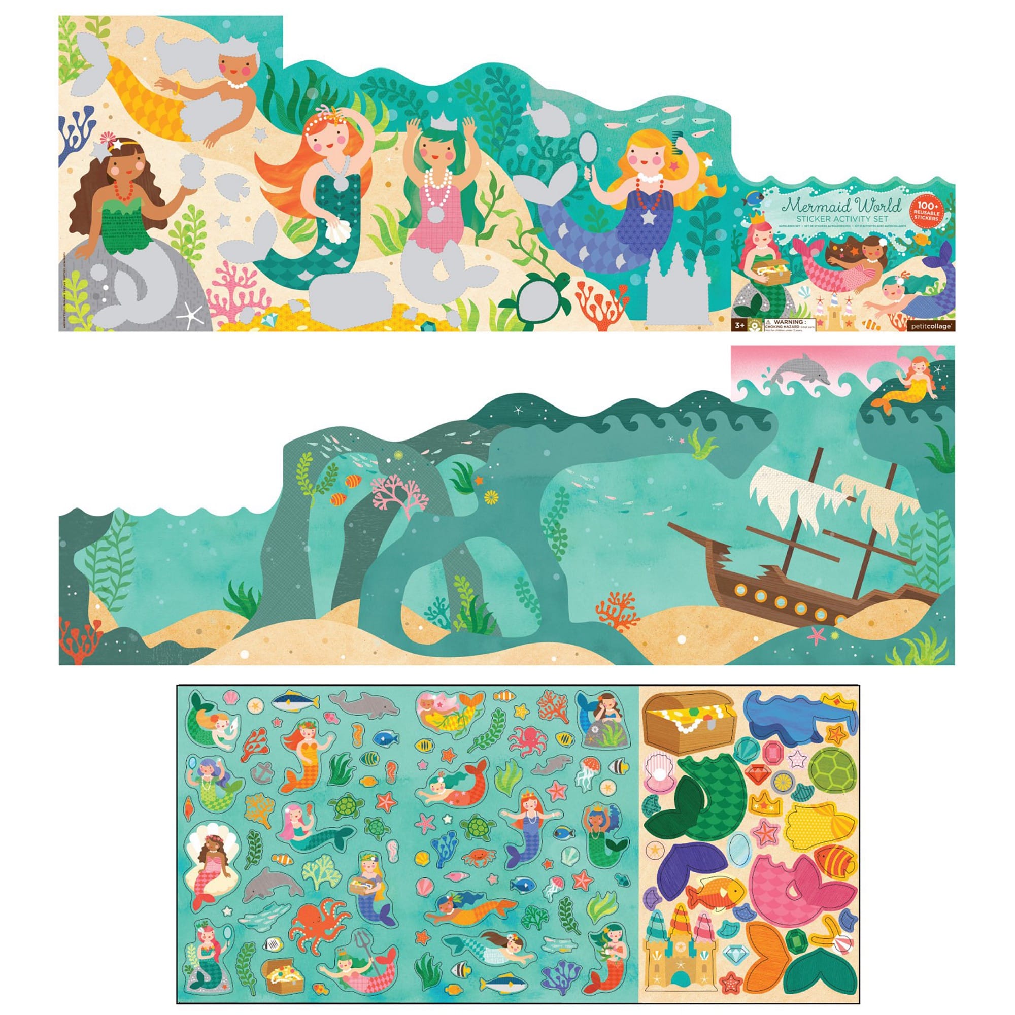 The Petit Collage Mermaid World Sticker Activity Set features mermaids, sea creatures, a sunken ship, and underwater scenes with sticker sheets and an illustrated ocean background.