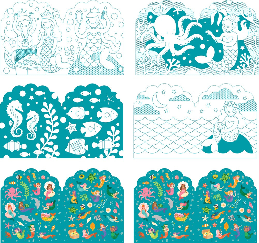 The Petit Collage Coloring Book With Stickers: Mermaids includes six illustrated panels of mermaids and sea life—some are pre-colored, others outlined for you to color.