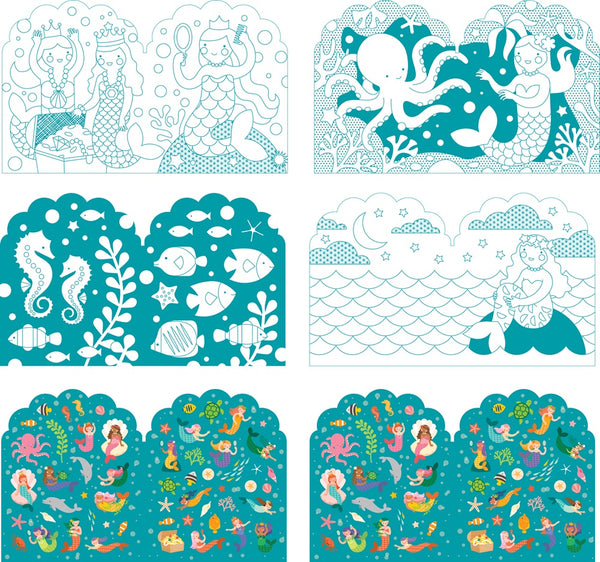 The Petit Collage Coloring Book With Stickers: Mermaids includes six illustrated panels of mermaids and sea life—some are pre-colored, others outlined for you to color.