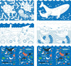 The Petit Collage Ocean Coloring Book + Stickers features six panels with ocean scenes and sea creatures—turtles, jellyfish, whales, otters, birds, and fish—illustrated in blue, white, and vibrant colors.
