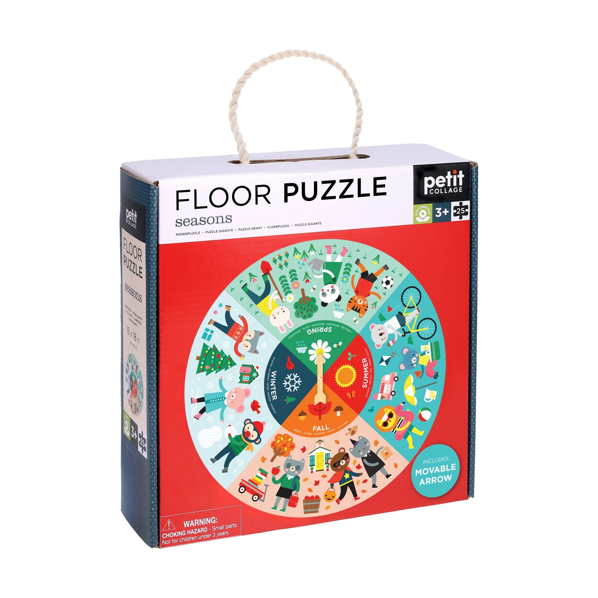 The Petit Collage Seasons 25-Piece Floor Puzzle features a circular design with a movable arrow, illustrating the seasons, and is suitable for ages 3+.