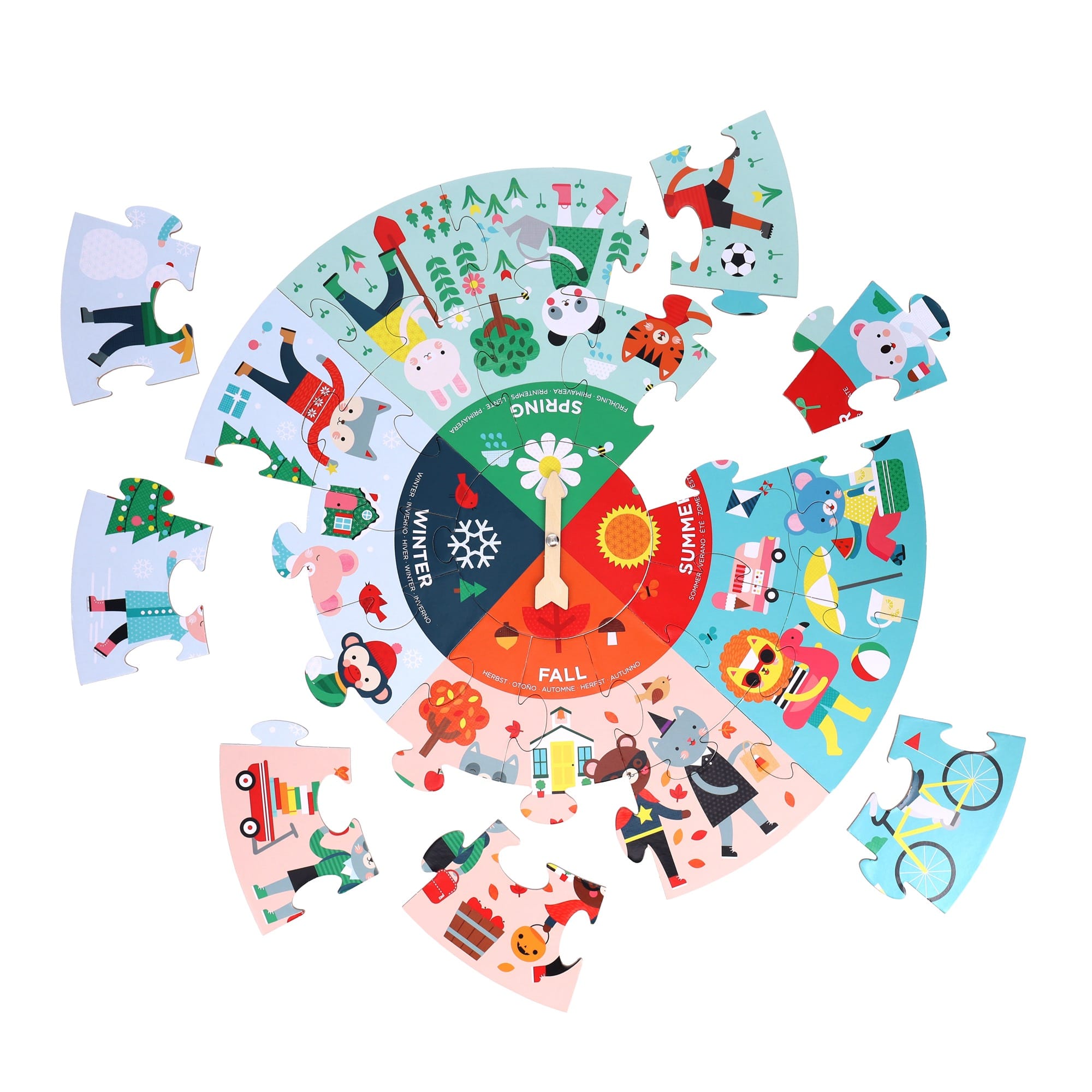 The Petit Collage Seasons 25-Piece Floor Puzzle is a circular jigsaw featuring cartoon scenes of winter, spring, summer, and fall arranged around a central spinner.