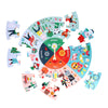 The Petit Collage Seasons 25-Piece Floor Puzzle is a circular jigsaw featuring cartoon scenes of winter, spring, summer, and fall arranged around a central spinner.