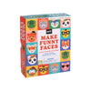 The Make Funny Faces Game by Petit Collage features a colorful box with illustrated animal faces in fun accessories, designed for 2+ players ages 4–8.