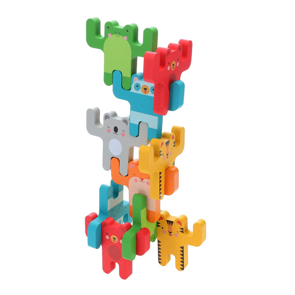 The Petit Collage Animal Acrobats Balance Game features a vertical stack of colorful wooden animals with raised arms, carefully balanced atop one another against a clean white background.
