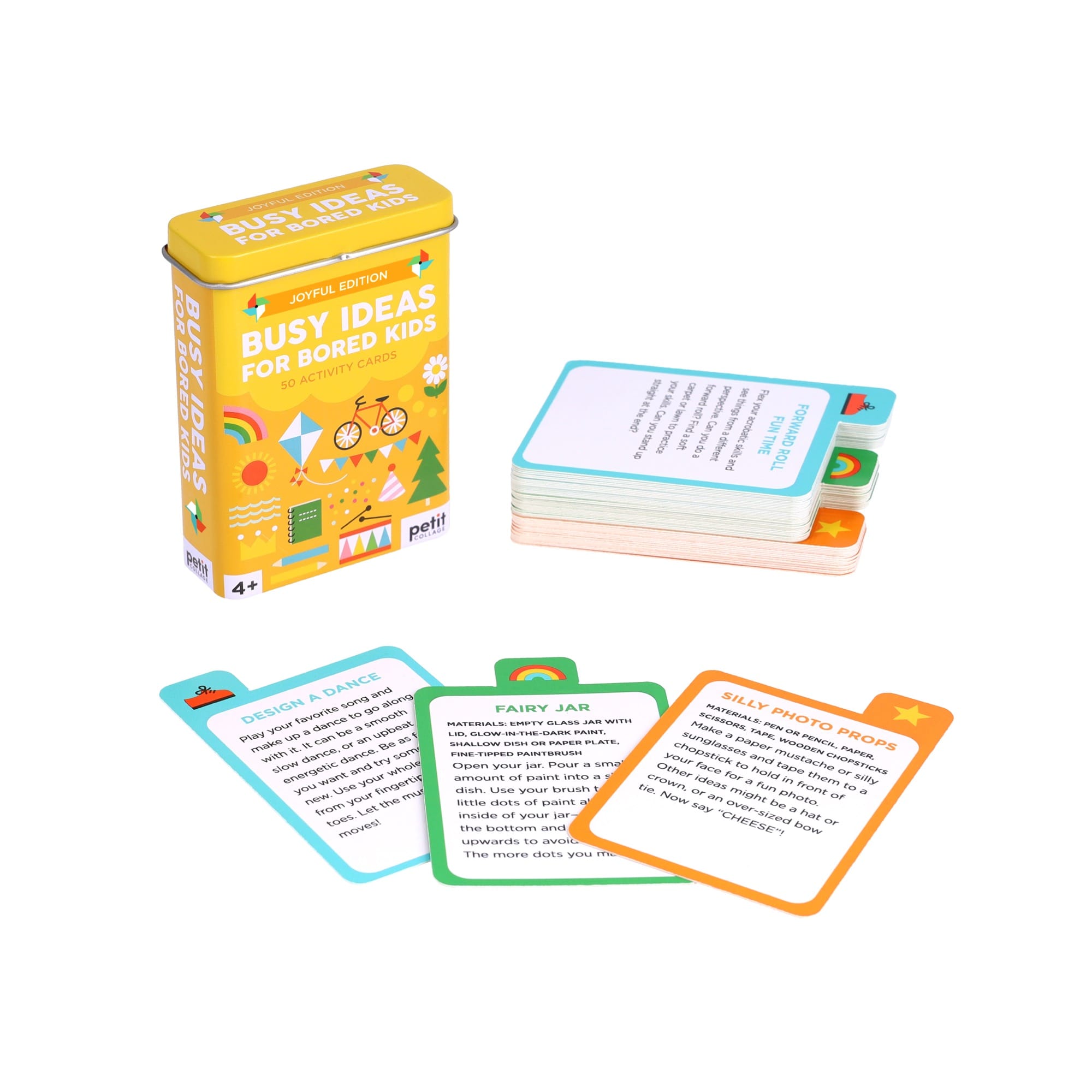 The Busy Ideas for Bored Kids Joyful Edition by Petit Collage is shown next to its yellow storage tin, with several colorful activity cards spread out displaying various fun suggestions.