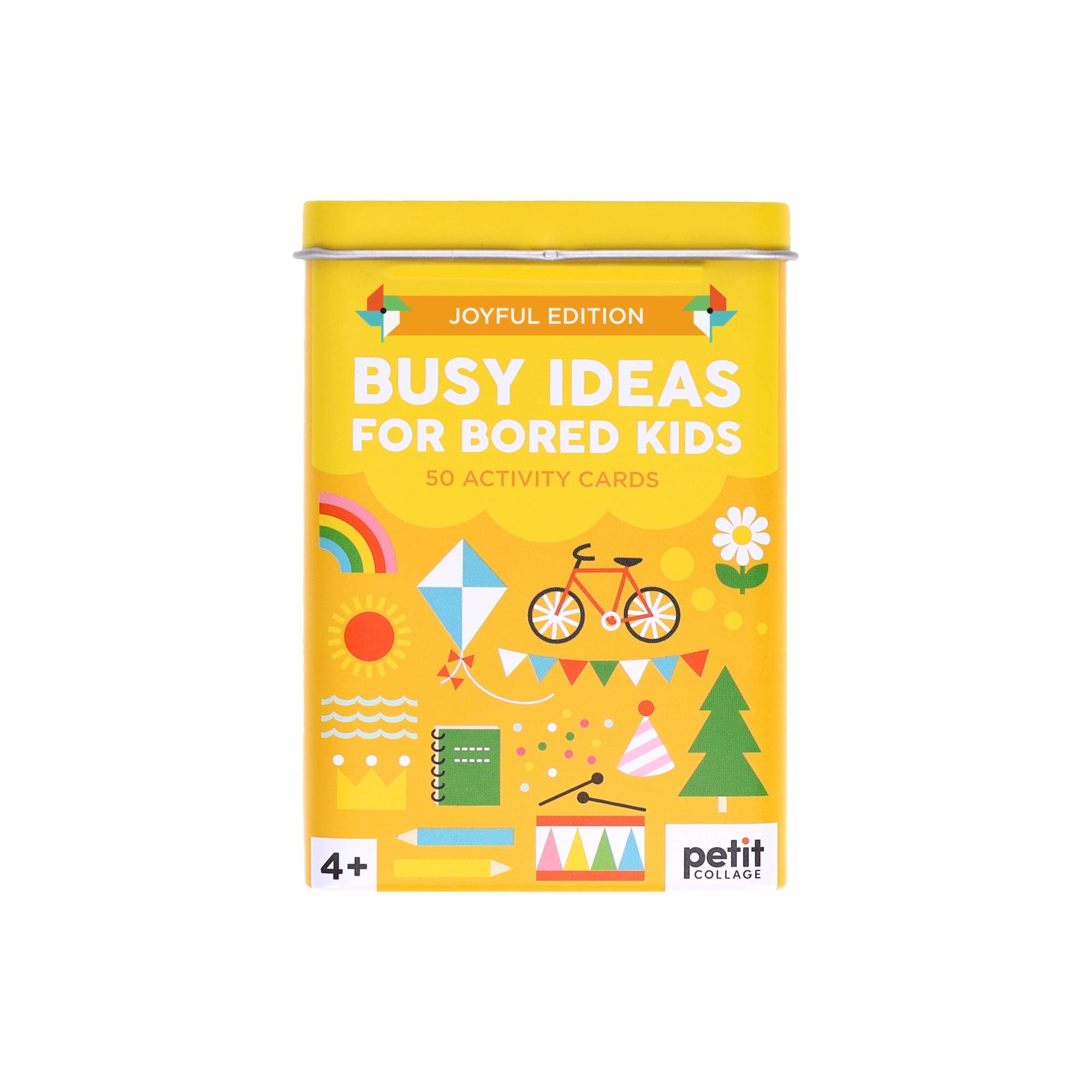 The Busy Ideas for Bored Kids Joyful Edition by Petit Collage is a yellow tin with 50 activity cards for ages 4+, featuring playful illustrations of outdoor and creative activities.