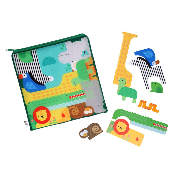 The Petit Collage Wooden Puzzle + Play Shaped Safari Animals features colorful wooden animal pieces and a zippered storage pouch with matching illustrations.