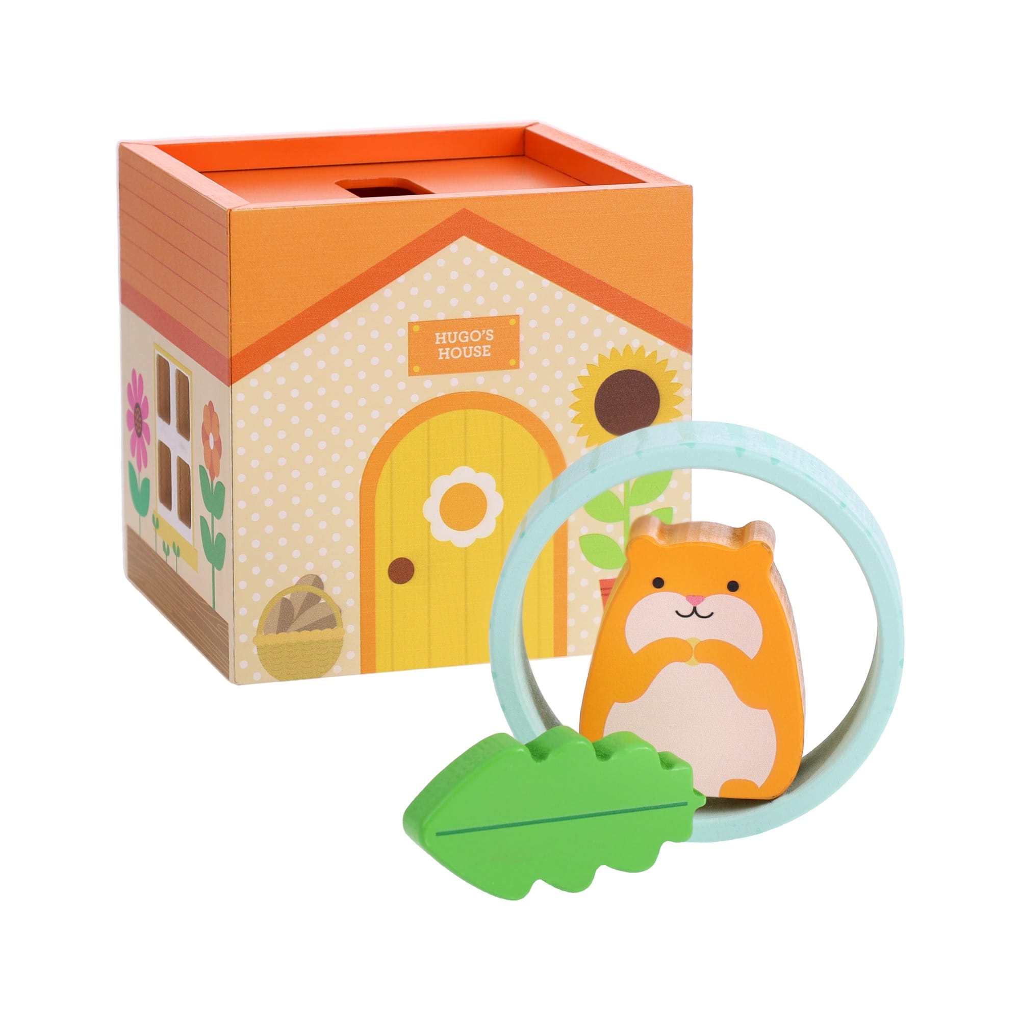 The Petit Collage Petit Pals: Hugo Hamster Wooden Toy includes a house-shaped box, a wooden hamster figure, a green leaf, and a blue ring.