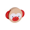 The Petit Collage Shake and Play: Wooden Tambourine features a monkey face with red ears and a red nose on a beige background decorated with white dots.