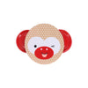 The Petit Collage Shake and Play: Wooden Tambourine is a round, polka-dotted instrument with red side handles, featuring a winking, smiling cartoon monkey face.
