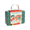 The Petit Collage Festive Pals My Stationery Set features DIY card and envelope materials in a green tin case with handle, decorated with trees and mushrooms; suitable for ages 6+.