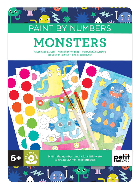 Petit Collage's Paint by Numbers: Monsters kit features vibrant monster illustrations, includes paintbrushes and paint tablets, and is recommended for ages 6 and up.