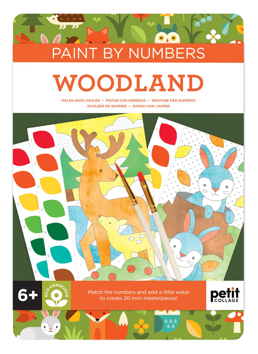 Petit Collage’s Paint by Numbers: Woodland kit includes animal-themed paint sheets, paint palette cards, two brushes, and a forest animal design. Suitable for ages 6 and up.