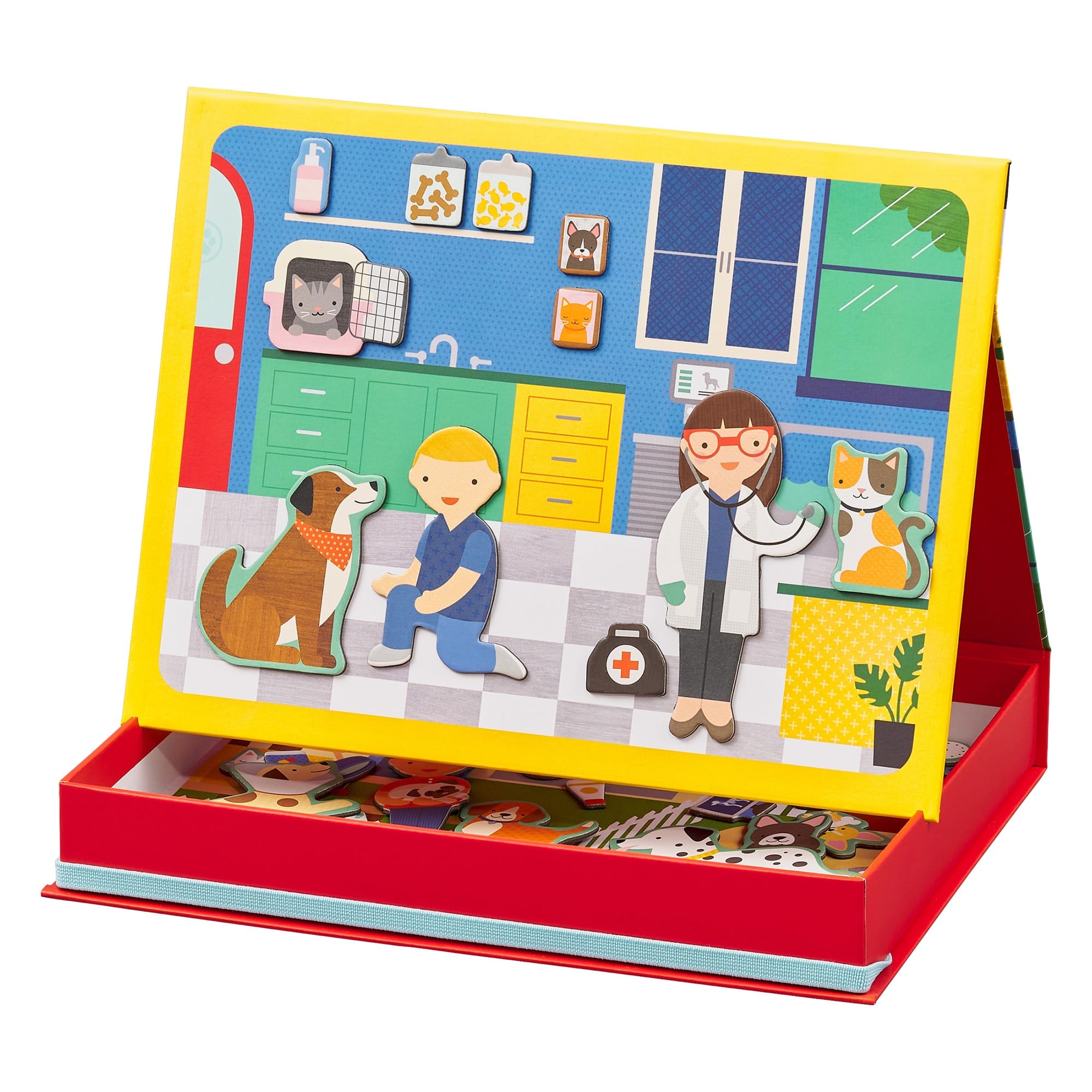 The Petit Collage Pet Hospital Magnetic Play Scene playset features a veterinary clinic with a veterinarian, child, dog, cat, and themed accessories.