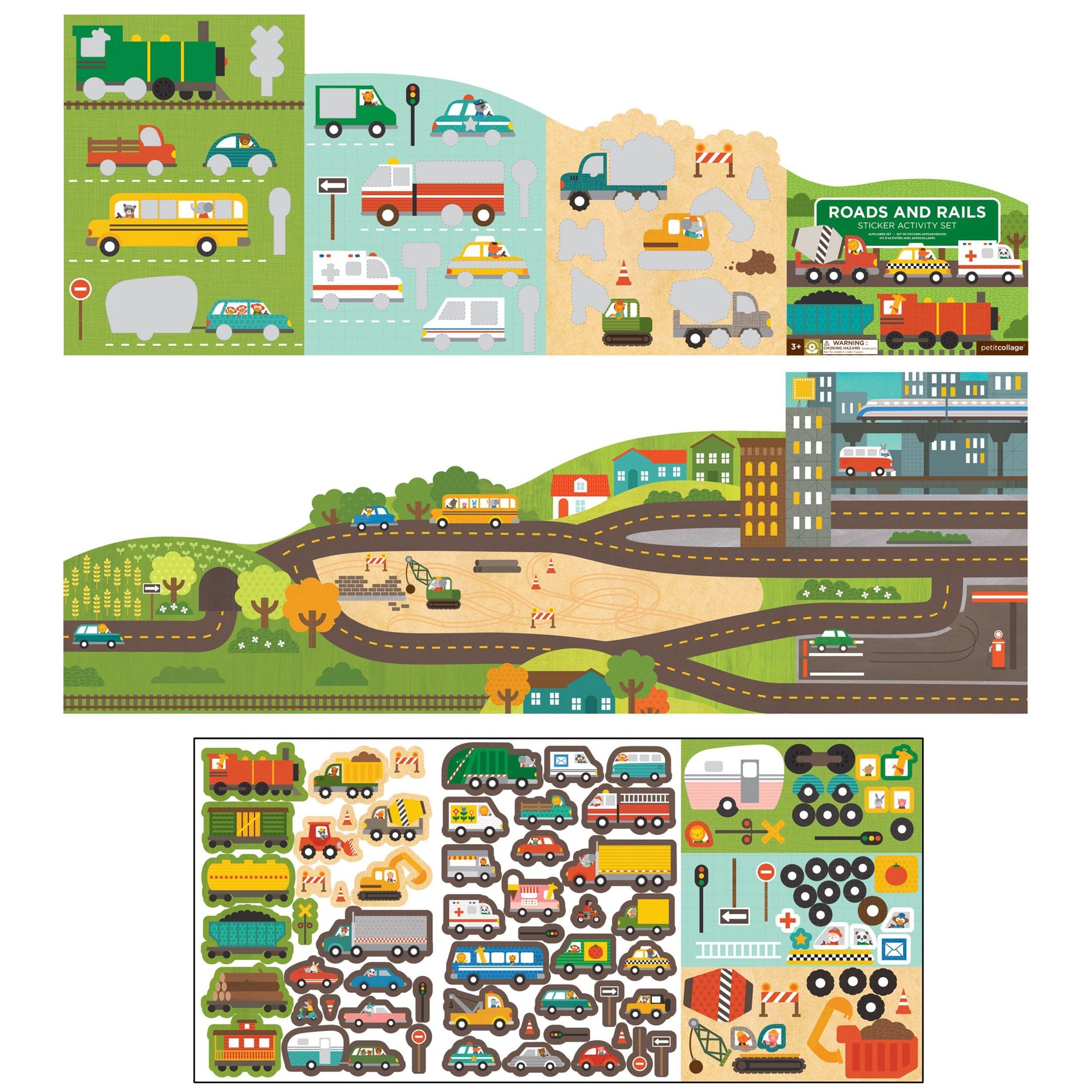 The Petit Collage Roads & Rails Sticker Activity Set features an illustrated play mat with vehicles, roads, construction scenes, and a sheet of removable vehicle and road sign stickers.