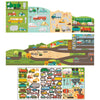 The Petit Collage Roads & Rails Sticker Activity Set features an illustrated play mat with vehicles, roads, construction scenes, and a sheet of removable vehicle and road sign stickers.