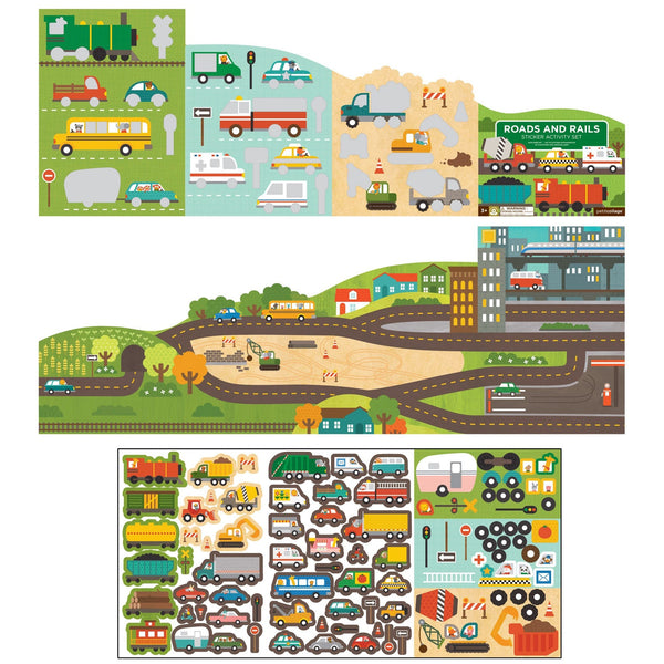 The Petit Collage Roads & Rails Sticker Activity Set features an illustrated play mat with vehicles, roads, construction scenes, and a sheet of removable vehicle and road sign stickers.