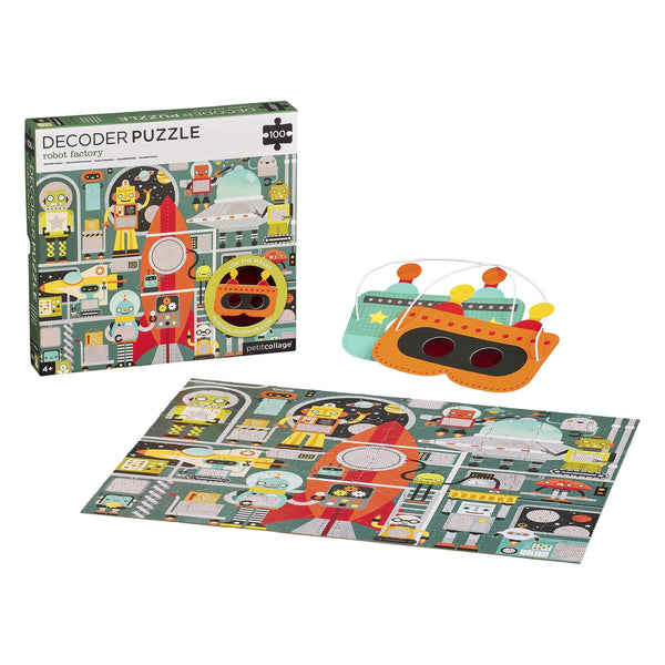 The Petit Collage Robot Factory 100-Piece Decoder Puzzle includes a box, completed puzzle, and decoder tool featuring vibrant robots and machinery in a factory scene.