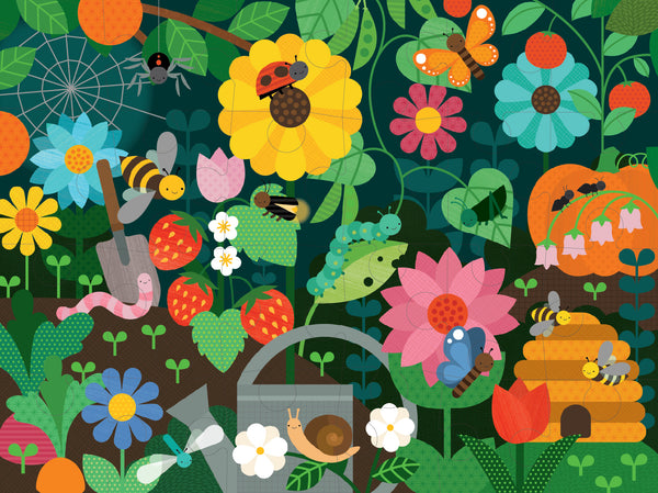 Discover the Secret Garden 24-Piece Floor Puzzle by Petit Collage, featuring a colorful garden scene with flowers, fruits, bees, ladybugs, ants, butterflies, a snail, caterpillar, spider web, and beehive.