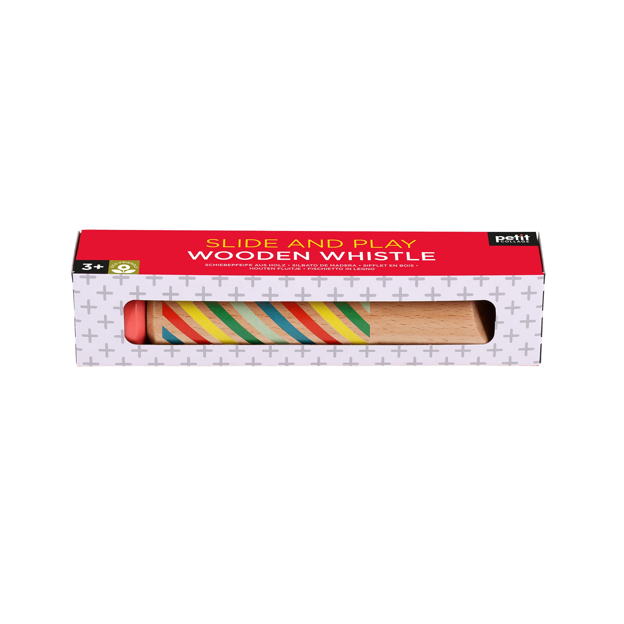 A boxed Petit Collage Slide and Play Wooden Whistle, featuring colorful diagonal stripes, is displayed in packaging for ages 3 and up.