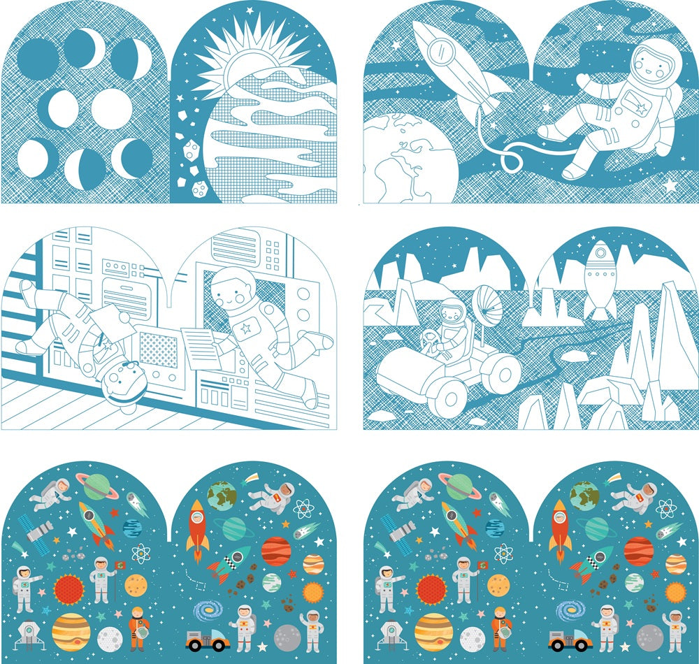 The Petit Collage Coloring Book With Stickers: Outer Space features six illustrated panels showing moon phases, a rocket launch, astronauts, moon rover exploration, and a vibrant space scene with planets and rockets.