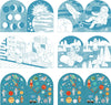 The Petit Collage Coloring Book With Stickers: Outer Space features six illustrated panels showing moon phases, a rocket launch, astronauts, moon rover exploration, and a vibrant space scene with planets and rockets.