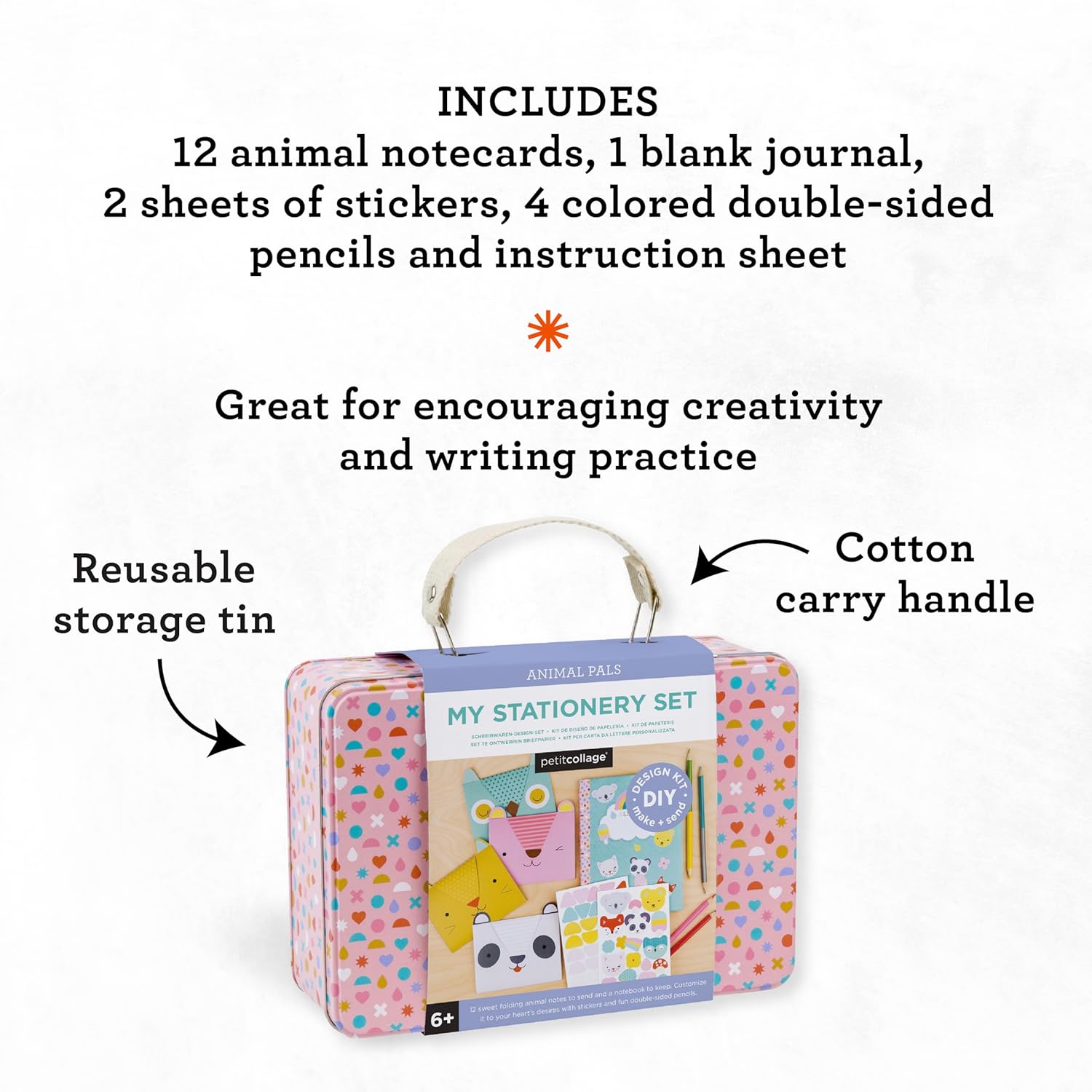 The Animal Pals My Stationery Set by Petit Collage is a colorful tin with a cotton handle, including notecards, a journal, stickers, pencils, and instructions—perfect for inspiring kids’ creativity and writing skills.