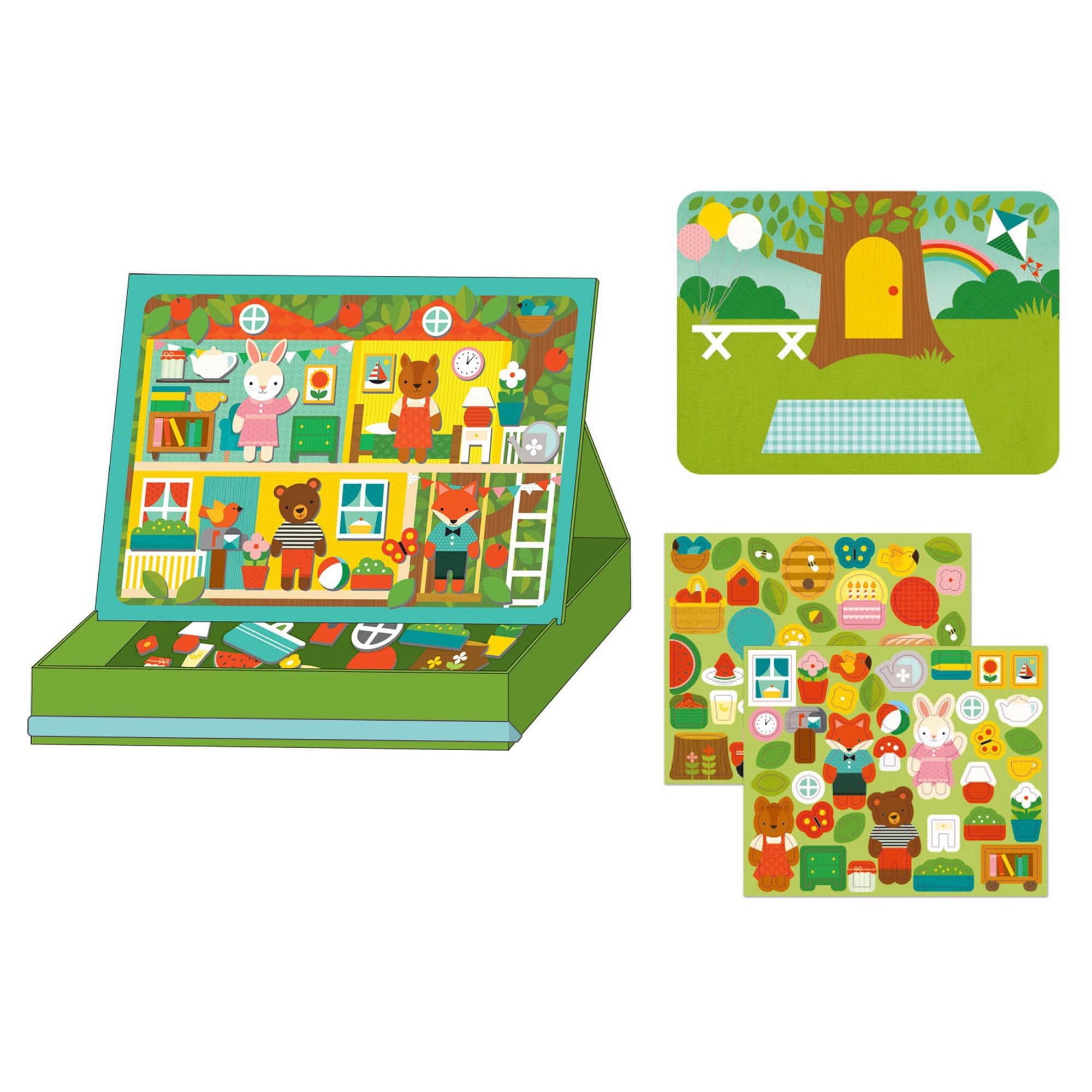 The Petit Collage Treehouse Party Magnetic Play Scene features illustrated animal characters, furniture, and backgrounds—including a dollhouse scene and an outdoor setting—with pieces arranged on and around a green box.