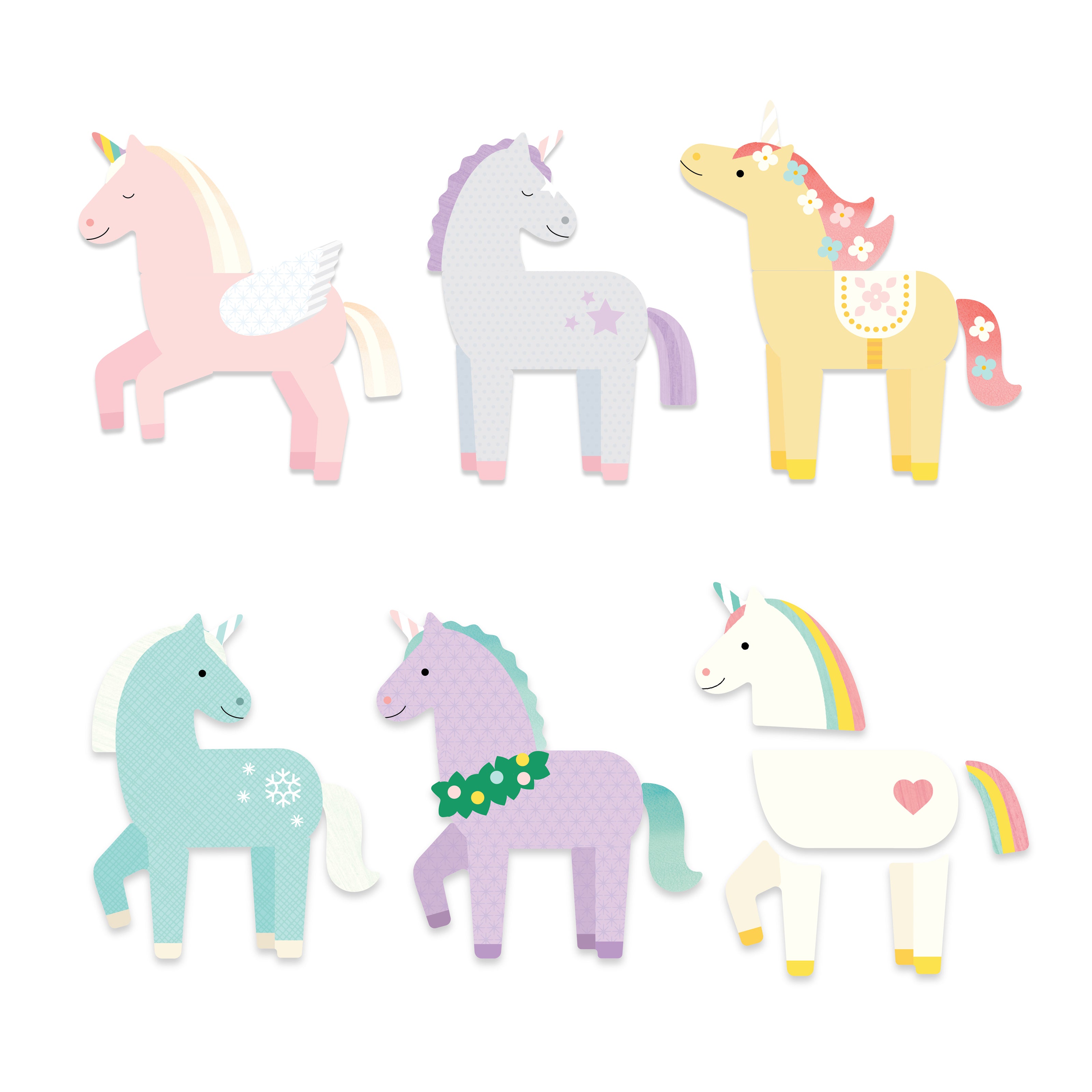 The Unicorns Magnetic Play Set by Petit Collage features six illustrated unicorns with unique pastel colors, patterns, and decorations, arranged in two rows on a white background.
