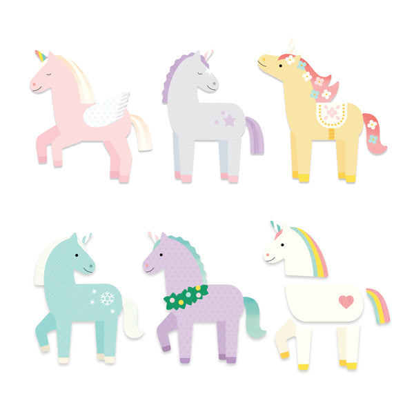 The Unicorns Magnetic Play Set by Petit Collage features six illustrated unicorns with unique pastel colors, patterns, and decorations, arranged in two rows on a white background.