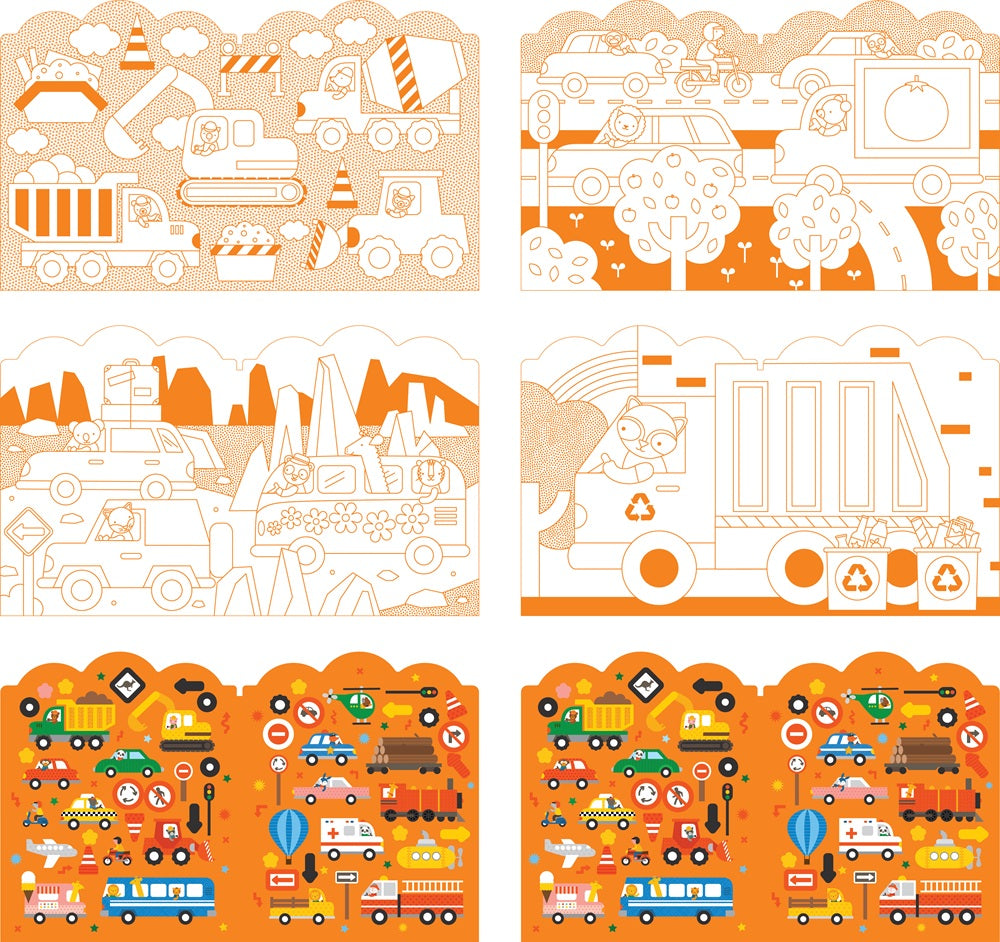 The Petit Collage Coloring Book with Stickers: Vehicles features six cartoon-style scenes of trucks, construction vehicles, traffic signs, and roads in orange, yellow, and white.