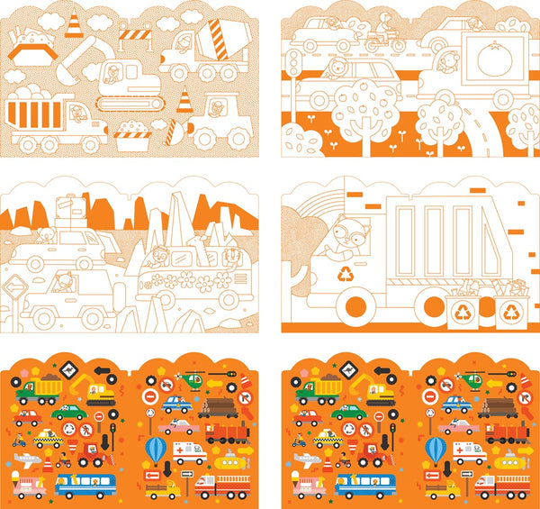 The Petit Collage Coloring Book with Stickers: Vehicles features six cartoon-style scenes of trucks, construction vehicles, traffic signs, and roads in orange, yellow, and white.