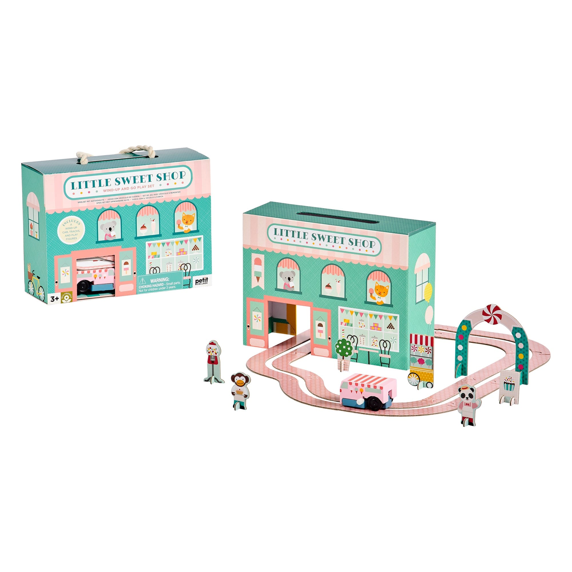 The Petit Collage Wind Up & Go Sweet Shop Play Set includes a pastel carry case, wooden figures, a candy van, and track—all with candy-themed decorations.