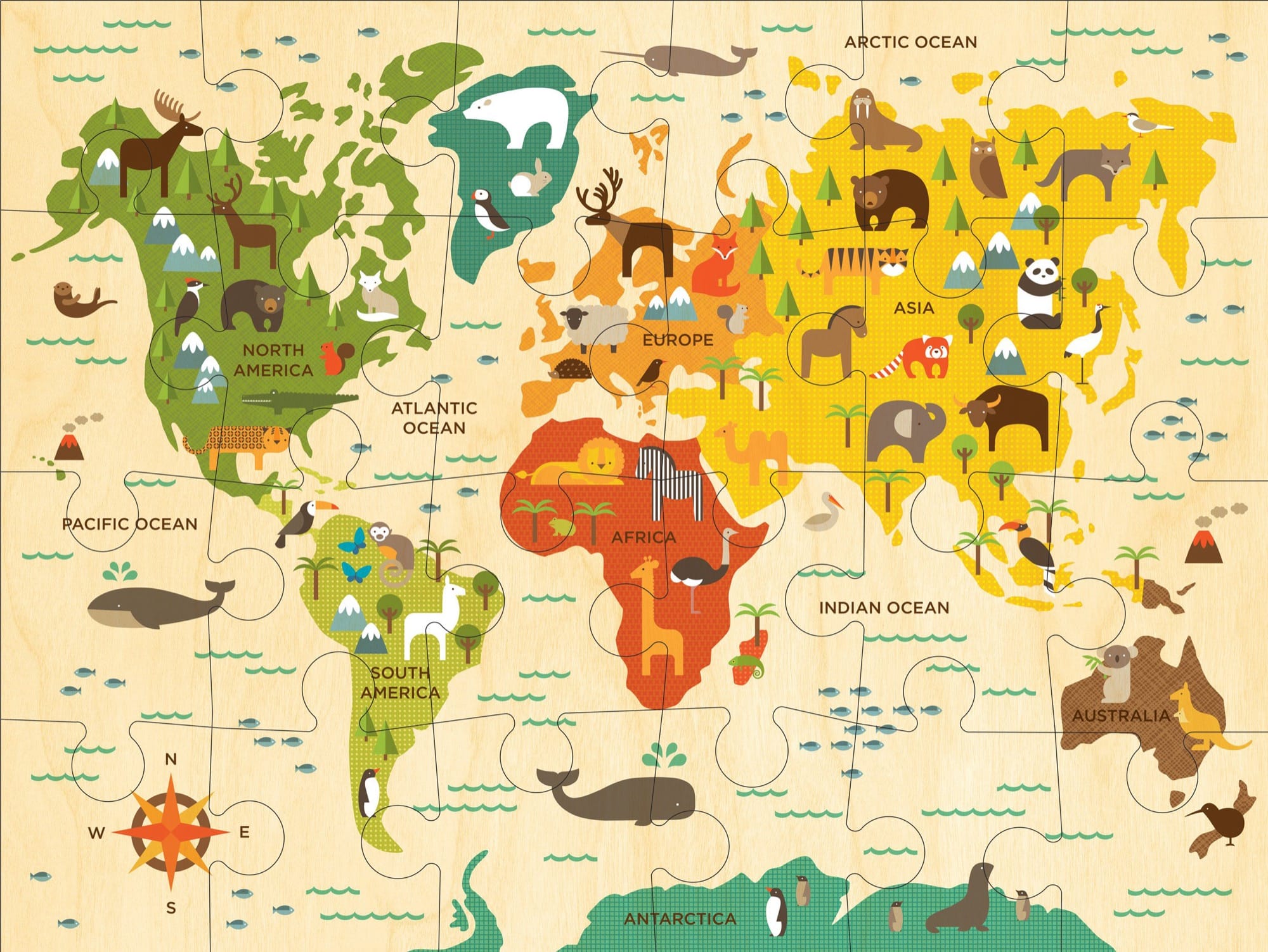 The Petit Collage World Map 24-Piece Floor Puzzle features colorful, simple illustrations of continents, oceans, and native animals for each region.
