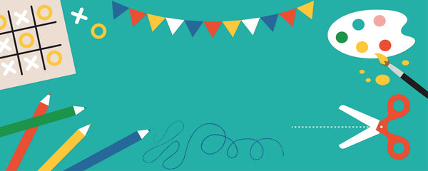 Colorful art supplies and decorations, including pencils, scissors, a paint palette, tic-tac-toe game, and a string of flags, arranged around the edges of a teal background.